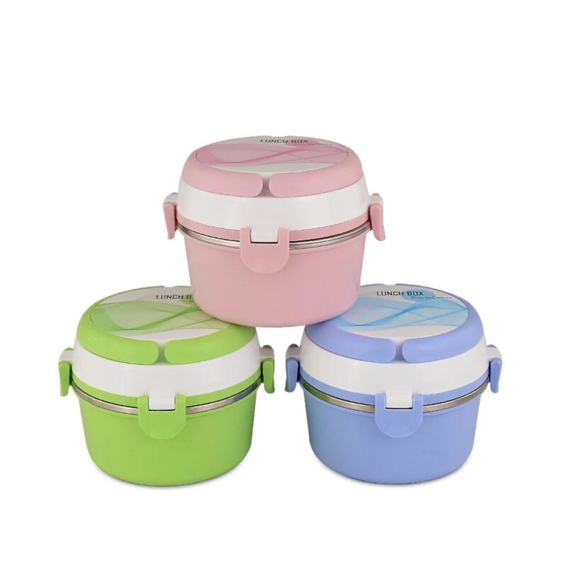 Bento Lunch Box, 2 layer round plastic food container set with locking lids Hotcase Tiffin Box 900ml